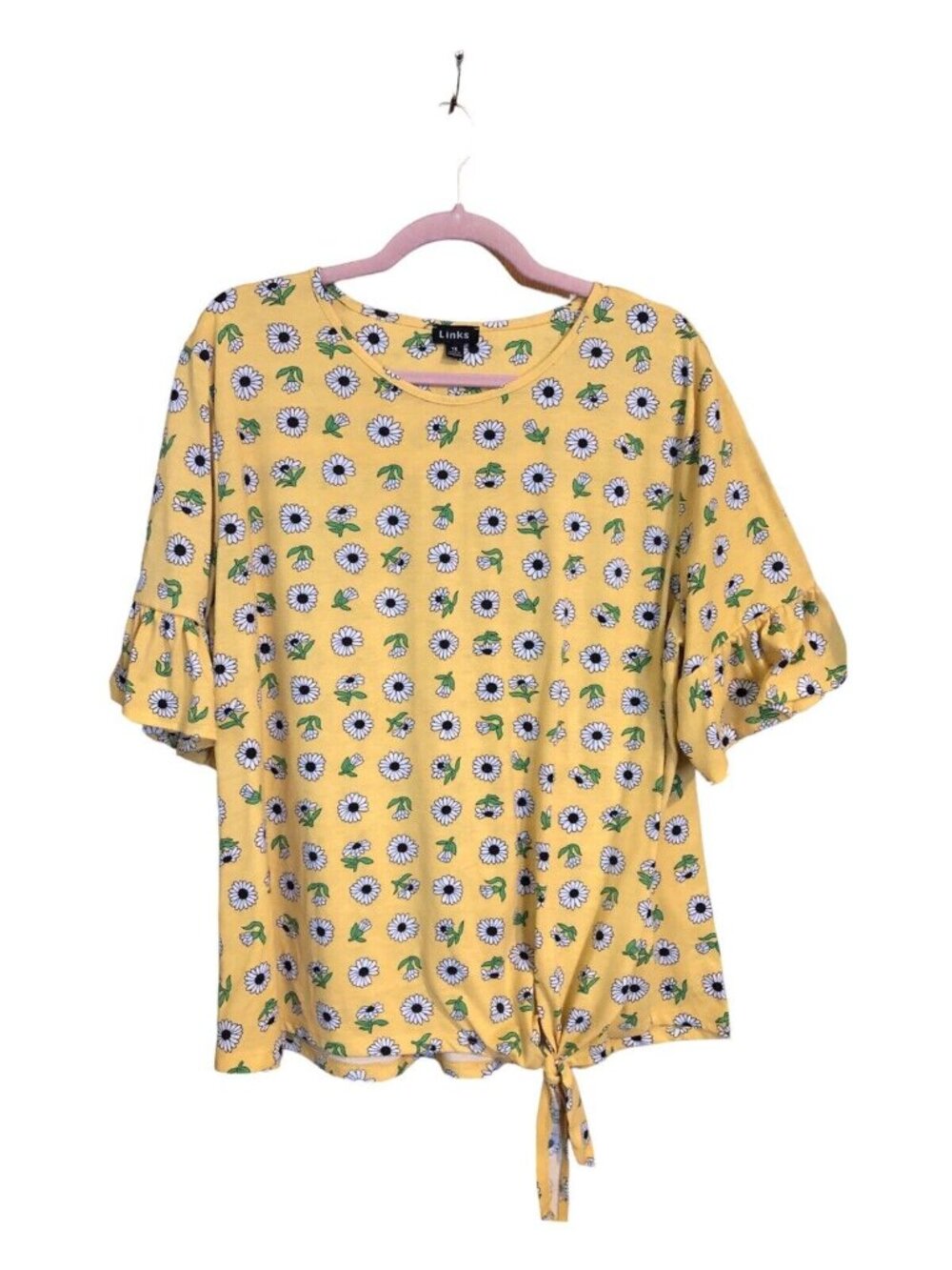 Boho Cottage Links Yellow Wildflower Daisy Pattern Key Hole Waist Tie Blouse 1X